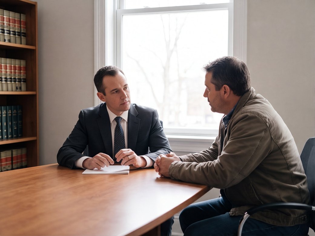 Attorney listening to an adult visitor across a conference table in a private law office