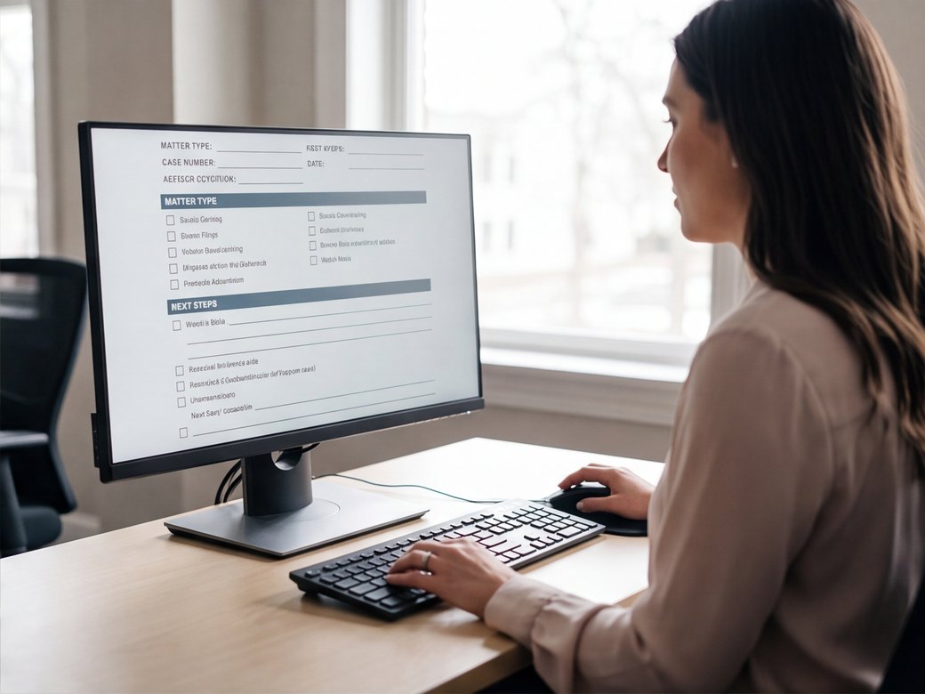 Law firm intake coordinator reviewing a matter-routing checklist on a monitor with no client information visible
