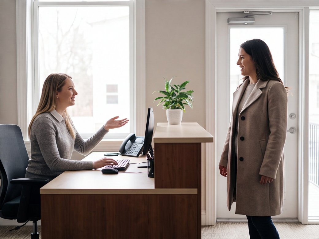 Law office receptionist welcoming an adult visitor at a tidy front desk