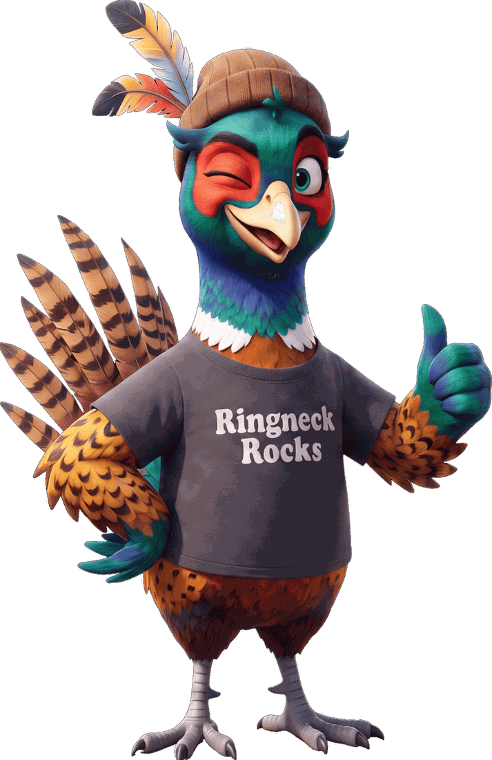 Ringo, Ringneck Marketing's pheasant mascot, giving a thumbs-up