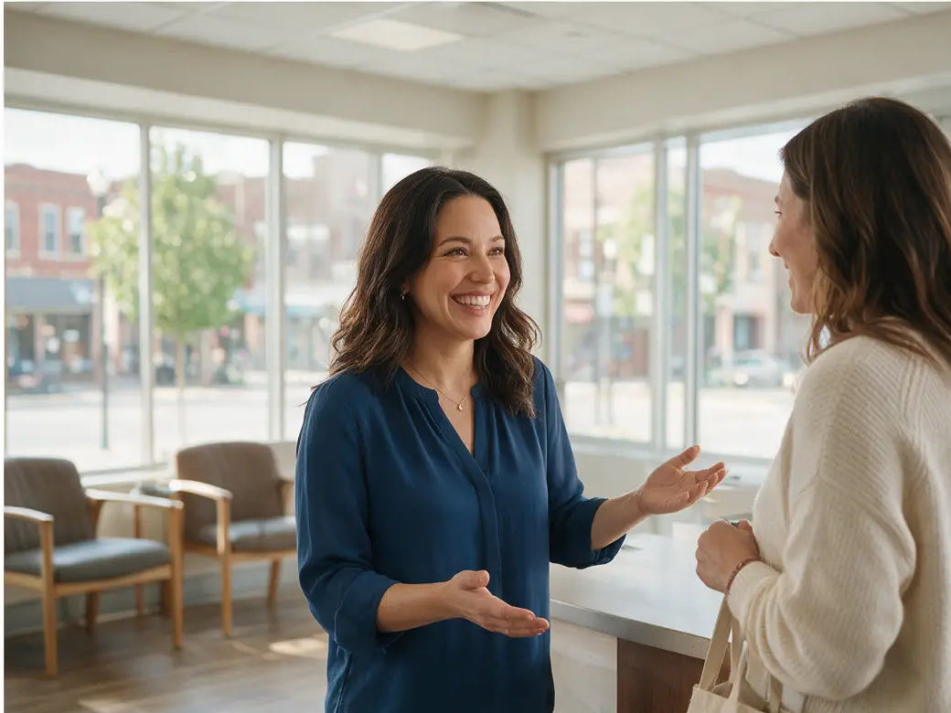 Medical practice receptionist welcoming a patient at a bright front desk