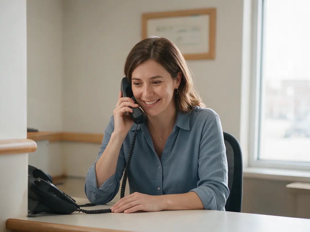 Medical receptionist answering a phone in a private front-desk workspace