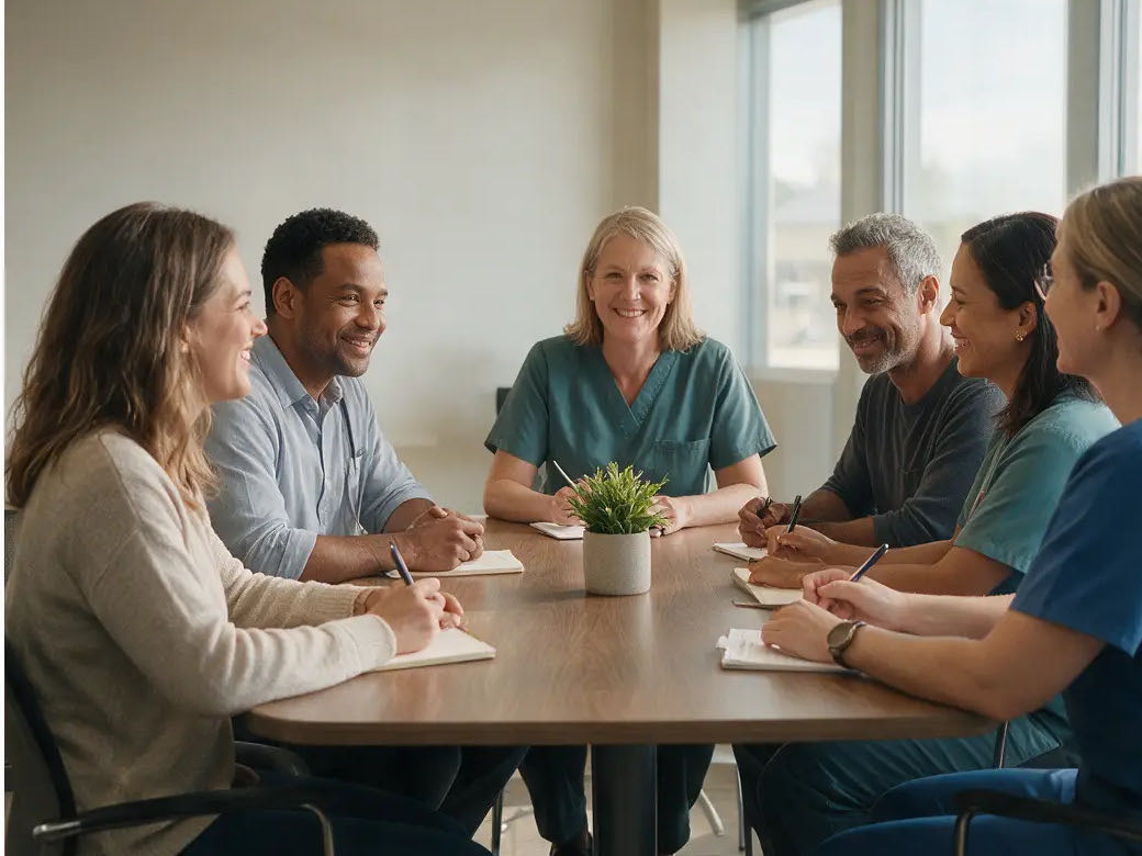 Independent outpatient practice team meeting in a private office