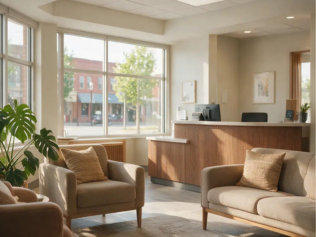 Bright independent medical practice waiting room and reception area