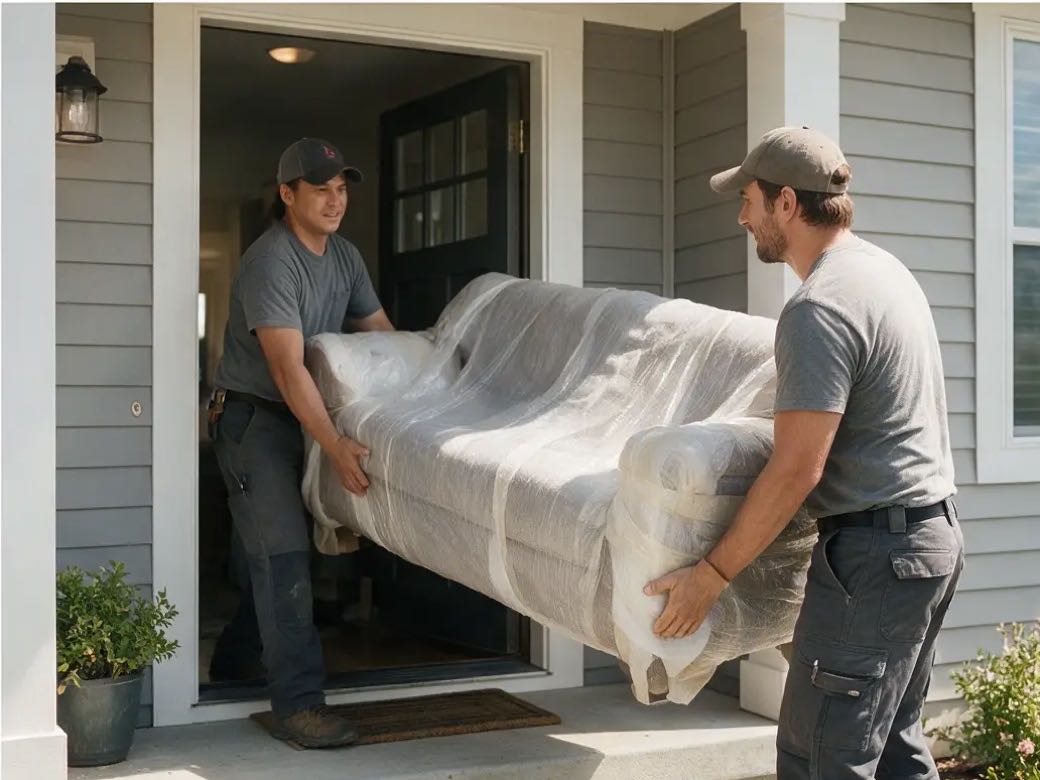 Professional movers carrying a wrapped sofa through the doorway of a home