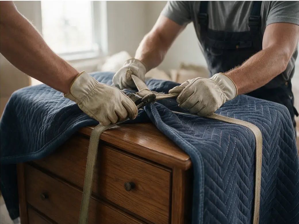 Mover securing furniture with a protective blanket before loading