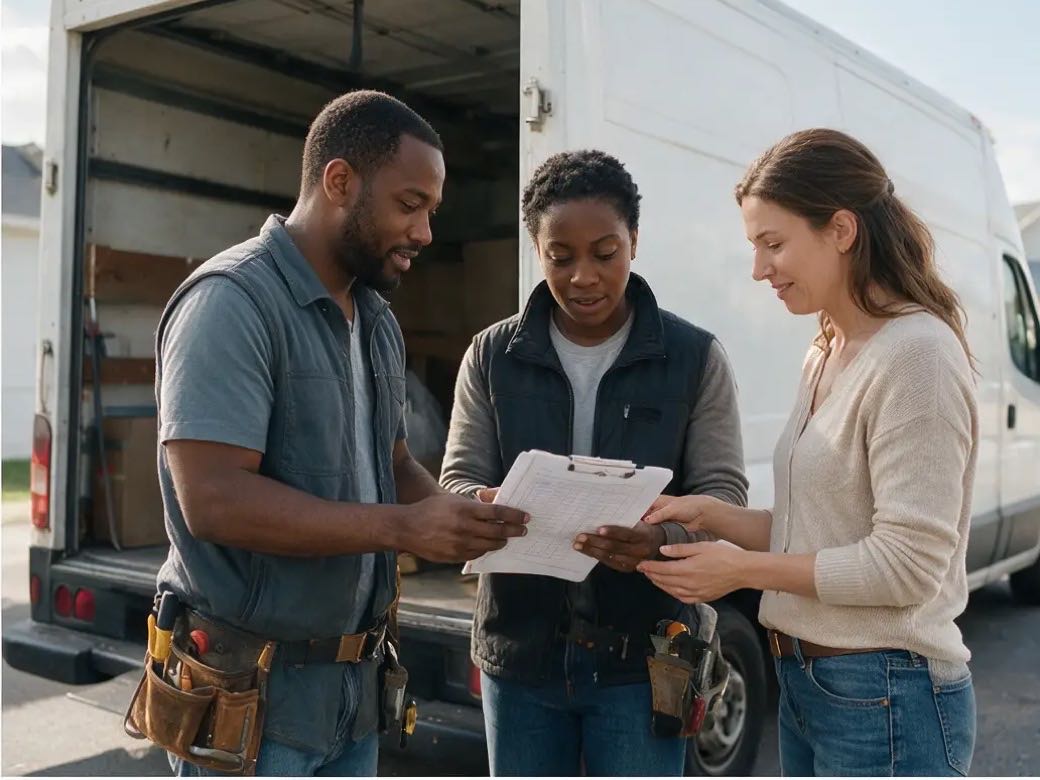 Moving crew reviewing an inventory checklist beside a box truck