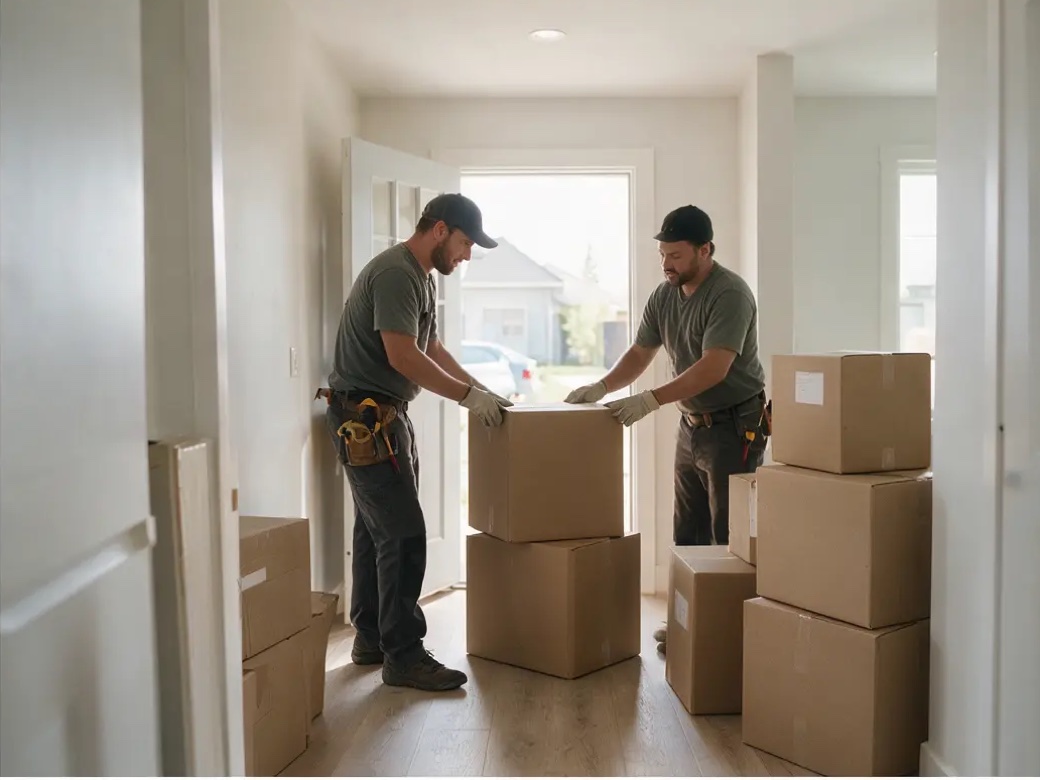 Professional movers unloading labeled boxes into a bright new home
