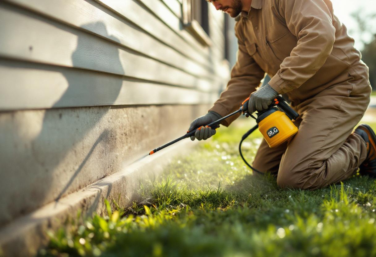 Pest control tech spraying along a home foundation with a B&G