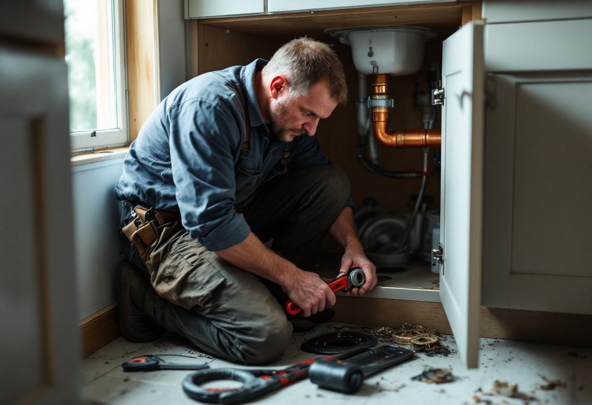 Plumber kneeling at an under-sink P-trap with a pipe wrench