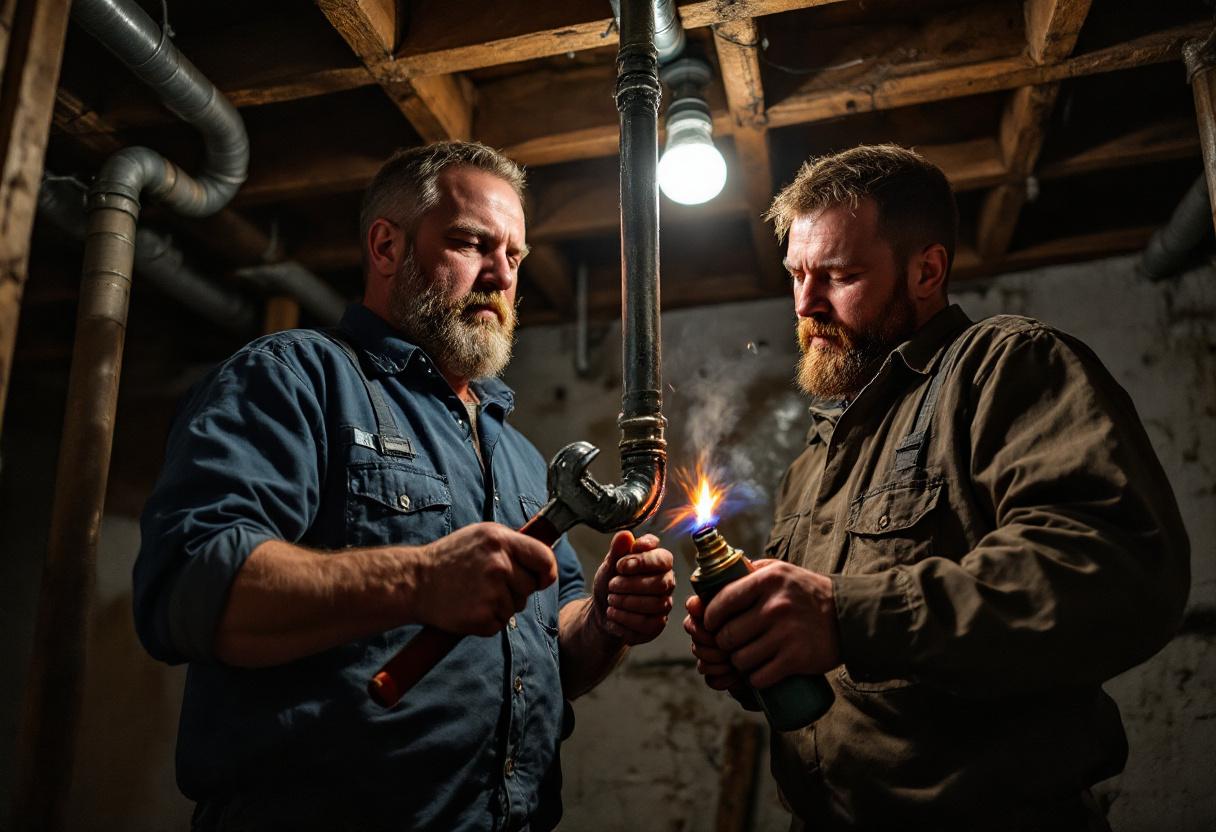 Two plumbers on a water heater install
