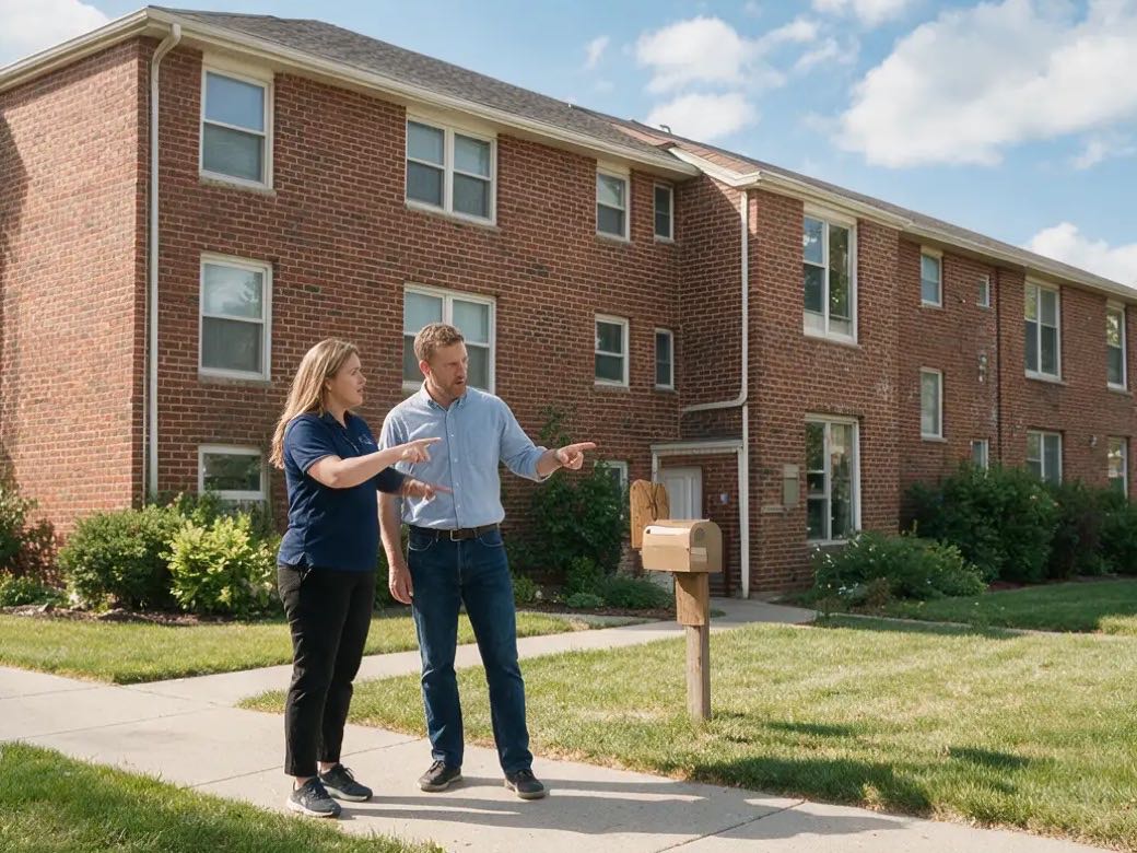 Property manager reviewing a residential building with a colleague outside