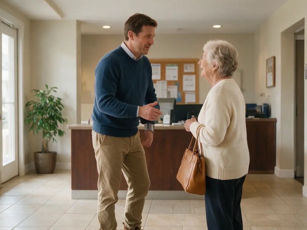 Property manager speaking with a resident in a well-maintained apartment lobby