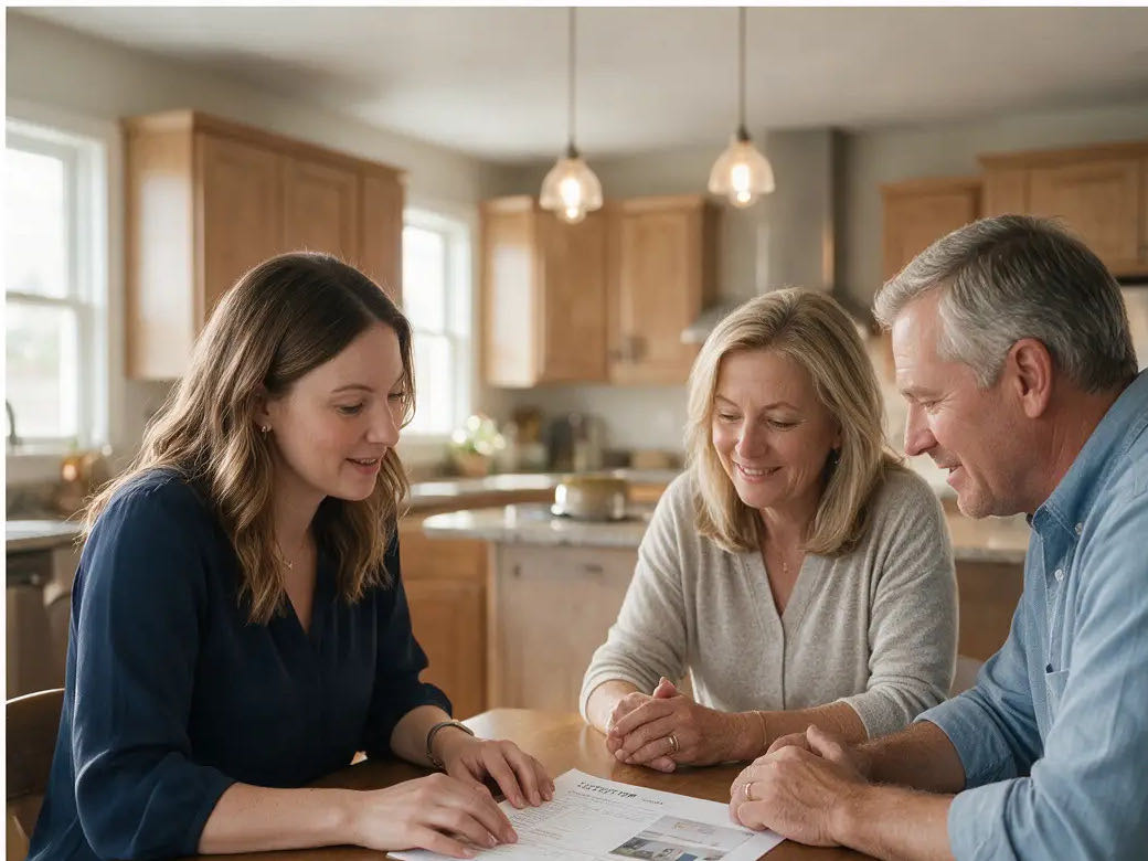 Real estate agent reviewing property options with prospective buyers at a kitchen table