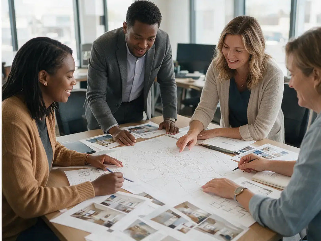 Brokerage team reviewing property listings together in an office