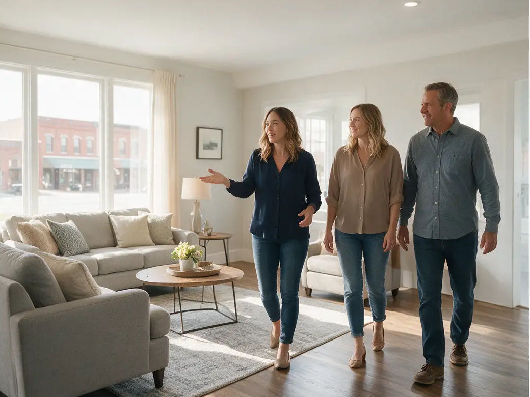 Real estate agent walking clients through a bright residential property