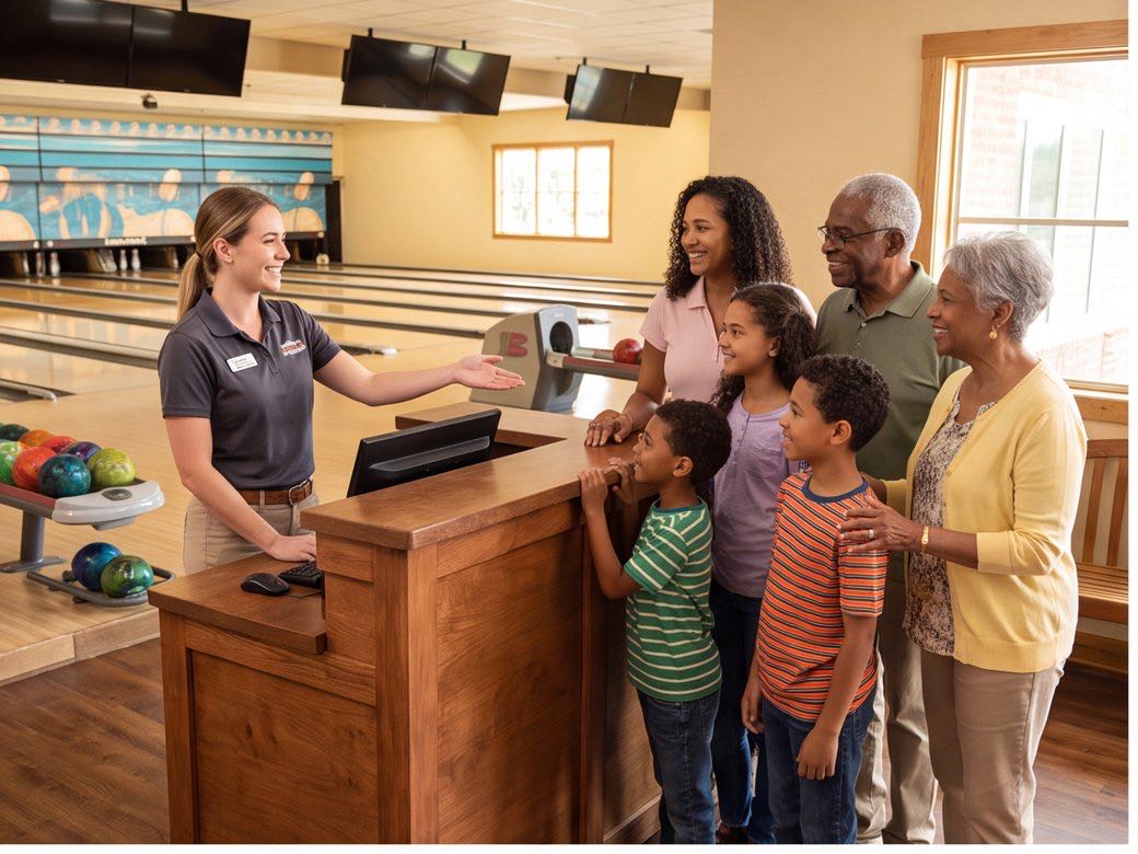 Recreation host welcoming a mixed-age family group at a check-in counter beside bowling lanes
