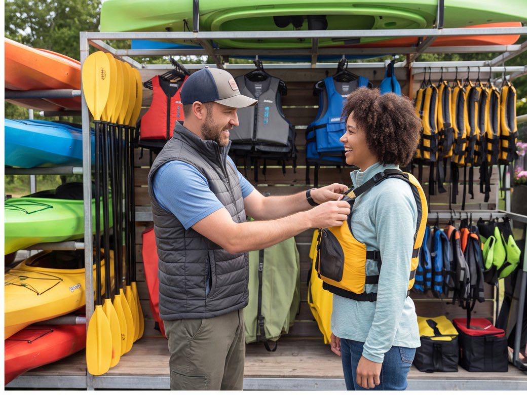 Rental attendant fitting an adult participant with a life jacket beside organized outdoor equipment