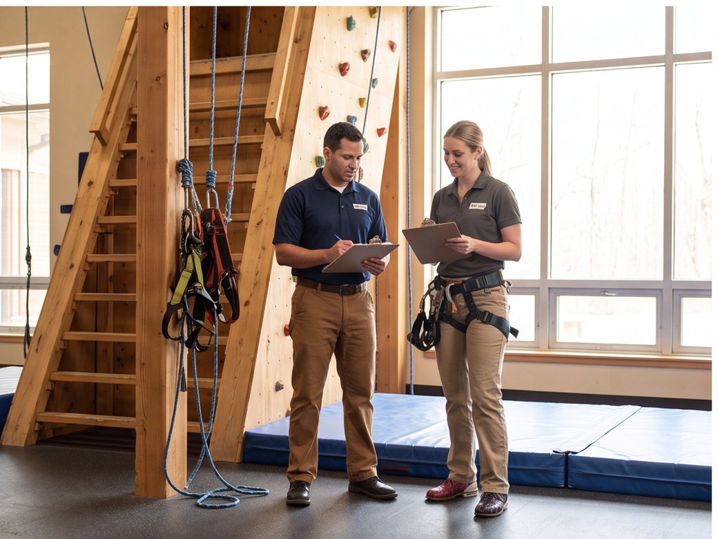 Recreation staff inspecting an indoor climbing and play structure before opening