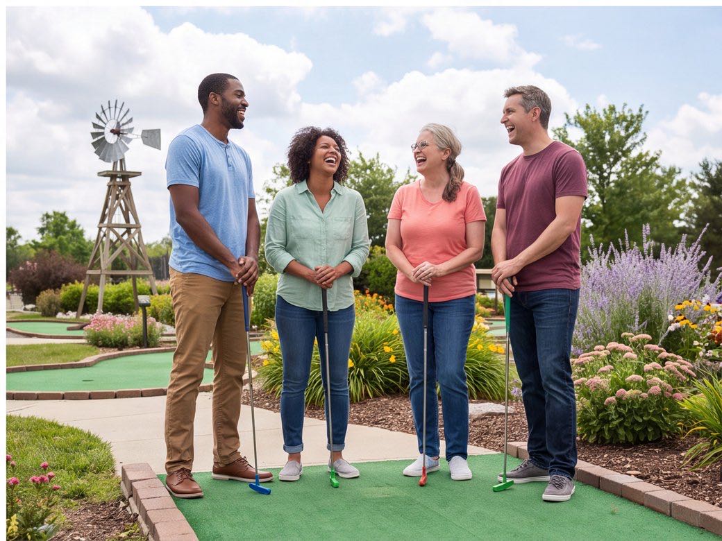 Group of adult friends playing a round on an outdoor miniature golf course