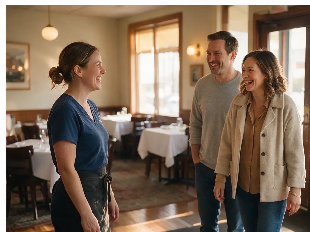 Server welcoming guests inside a warmly lit neighborhood restaurant