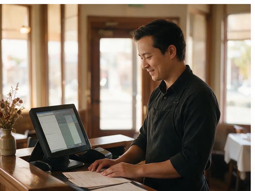 Restaurant host checking the reservation list at the front desk