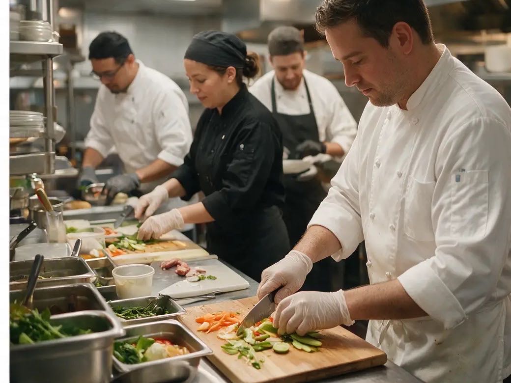 Kitchen and service team preparing together before dinner service