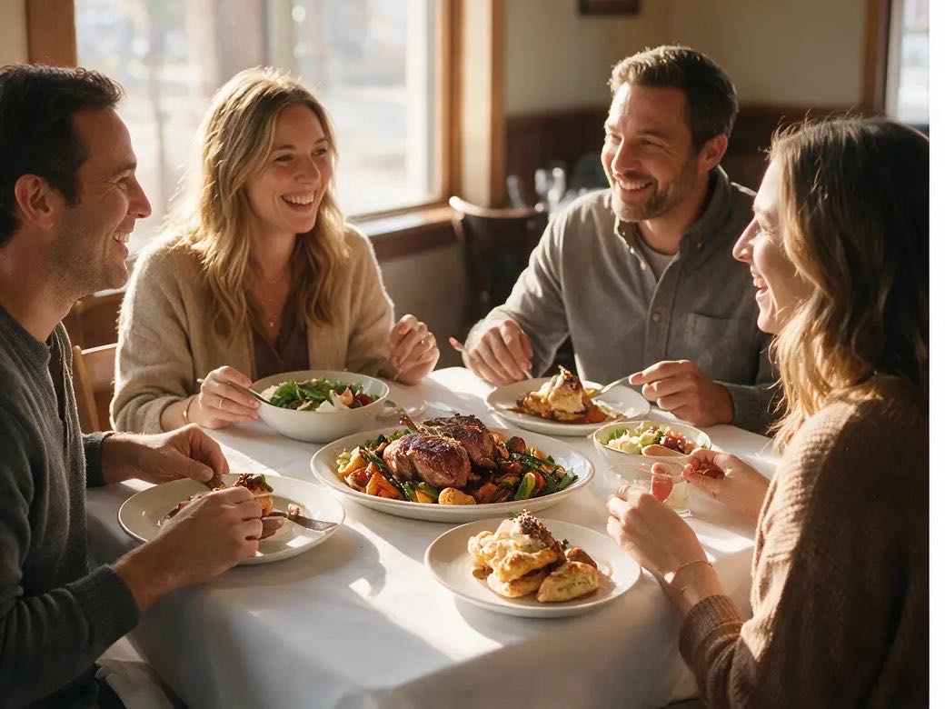 Guests sharing a meal around a table in a local restaurant