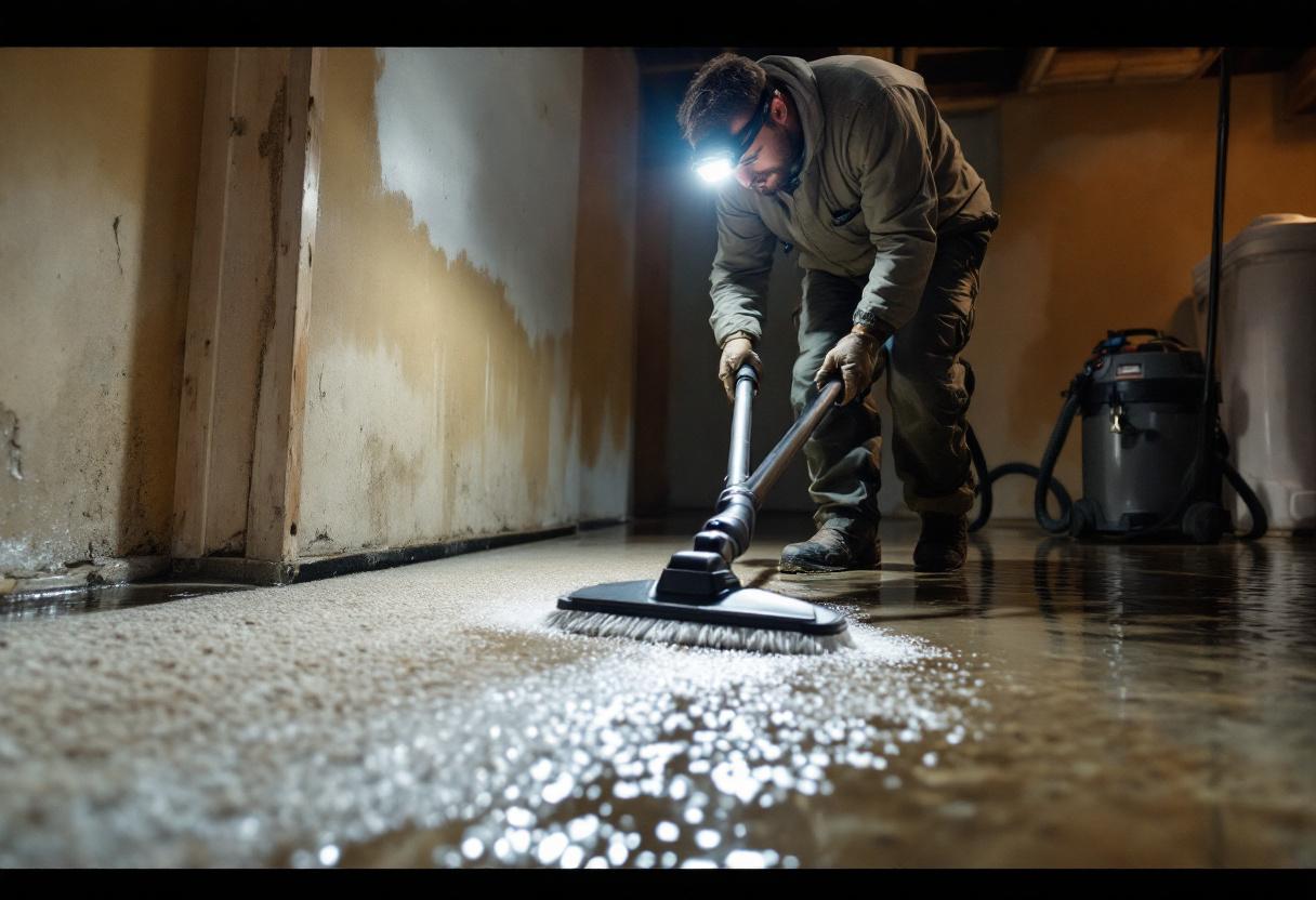 Restoration tech running a water-extraction wand on soaked carpet