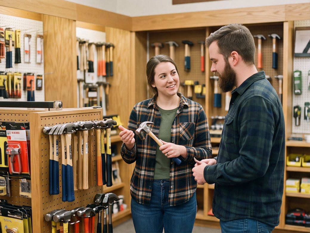 Associate helping an adult shopper compare products inside an independent specialty store