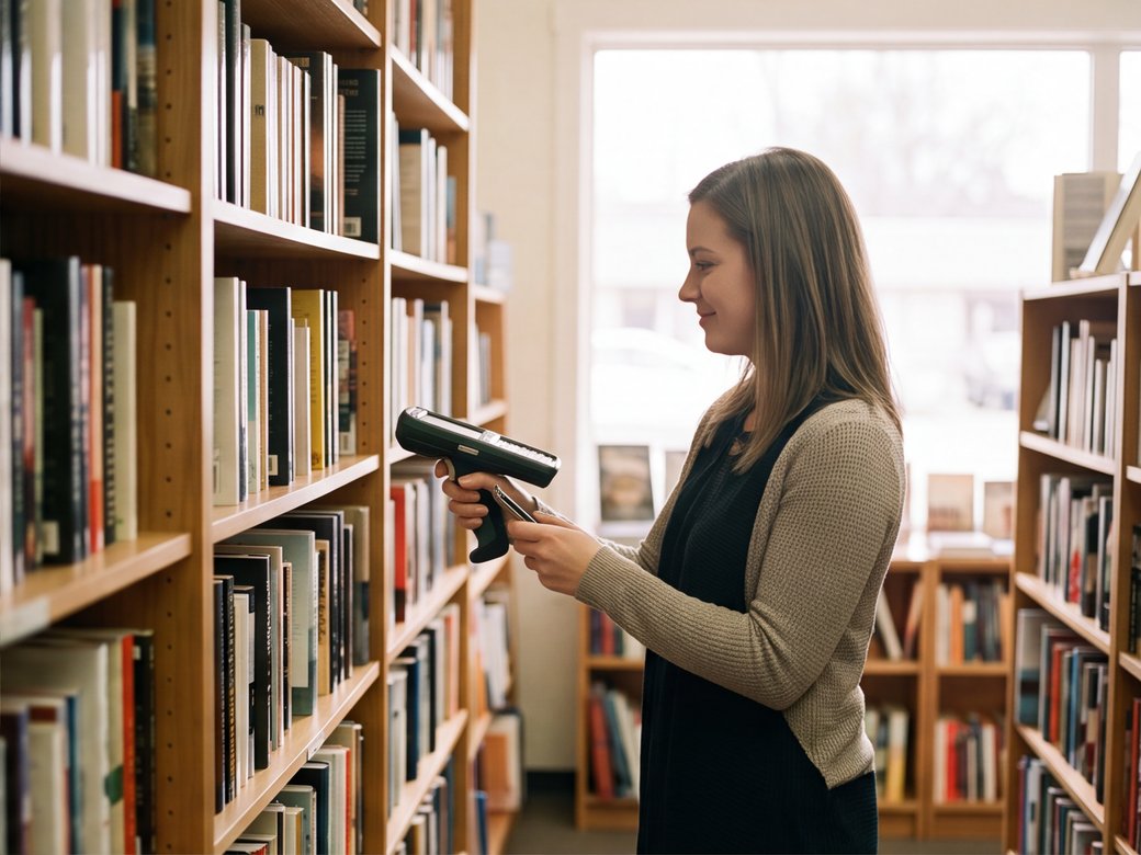 Store associate checking inventory on a handheld device beside organized product shelves