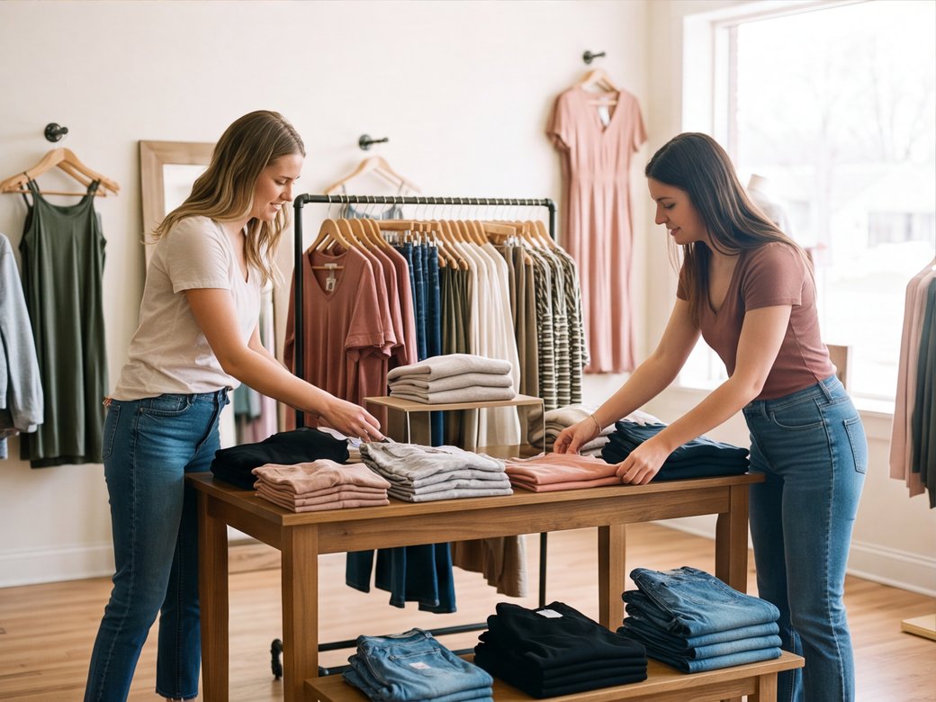 Independent retail team arranging a new-arrivals display before the store opens