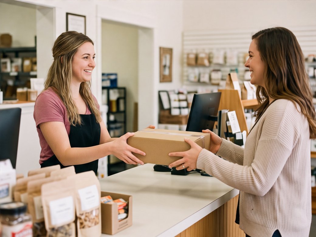 Retail associate handing an unbranded boxed pickup order to an adult shopper at the counter