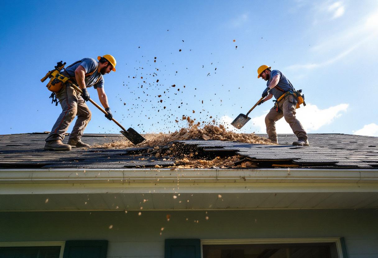 Two roofers mid tear-off on a residential pitched roof