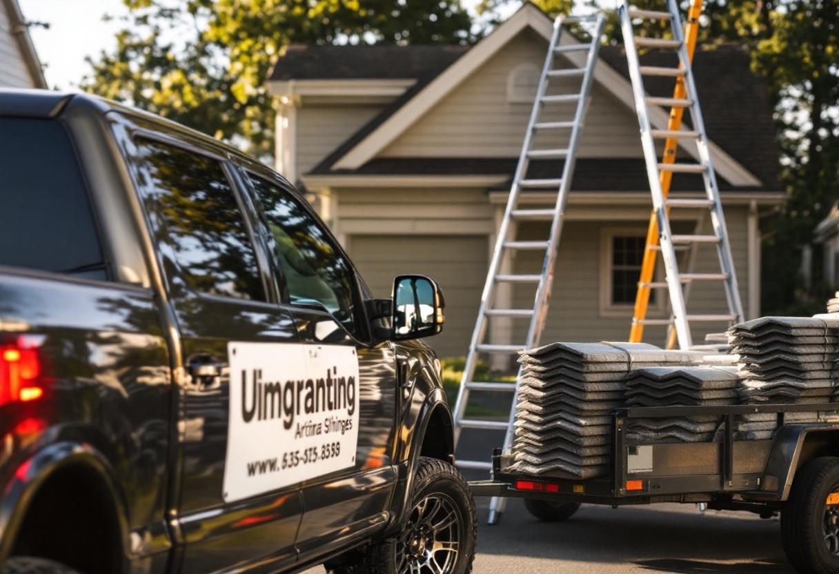 Branded roofing truck loaded with shingles