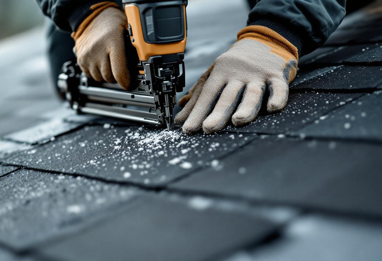 Architectural shingles being laid up the slope