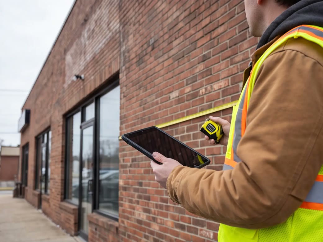 Sign company project manager reviewing storefront measurements outside a commercial building