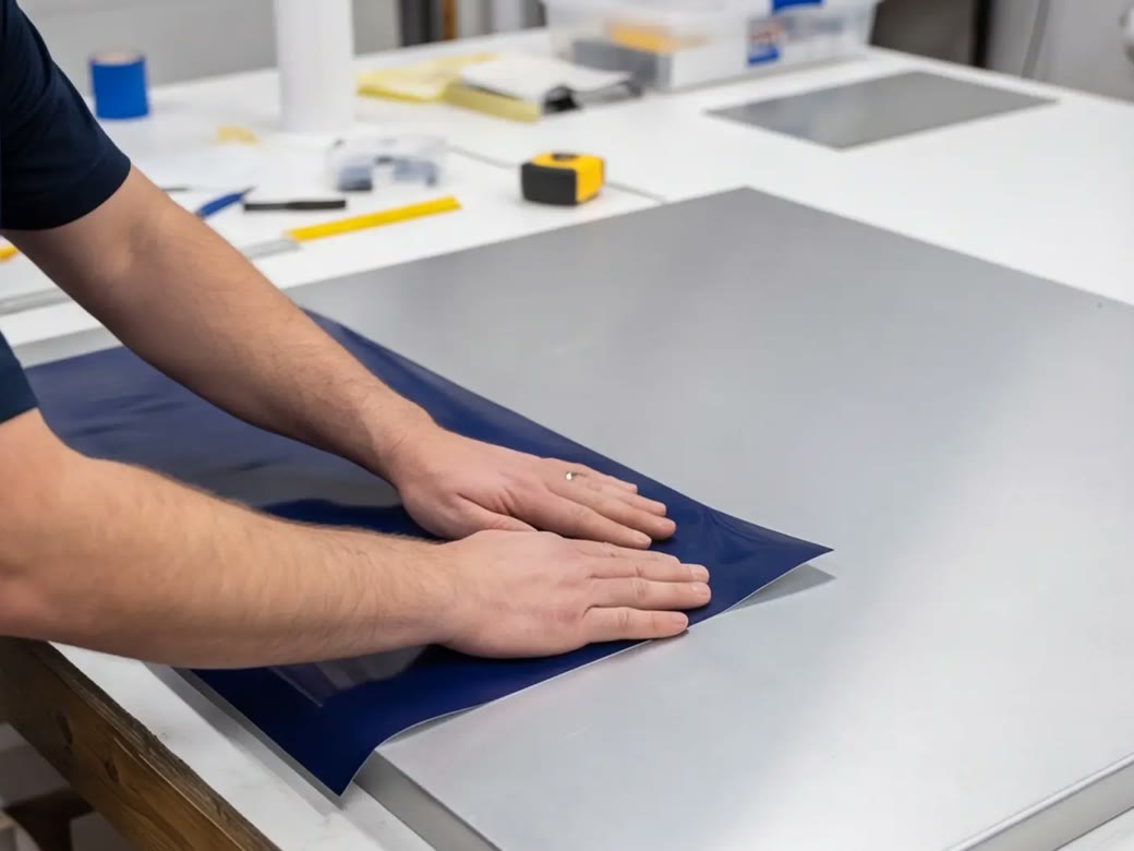 Fabrication technician applying vinyl to a sign panel in a clean workshop