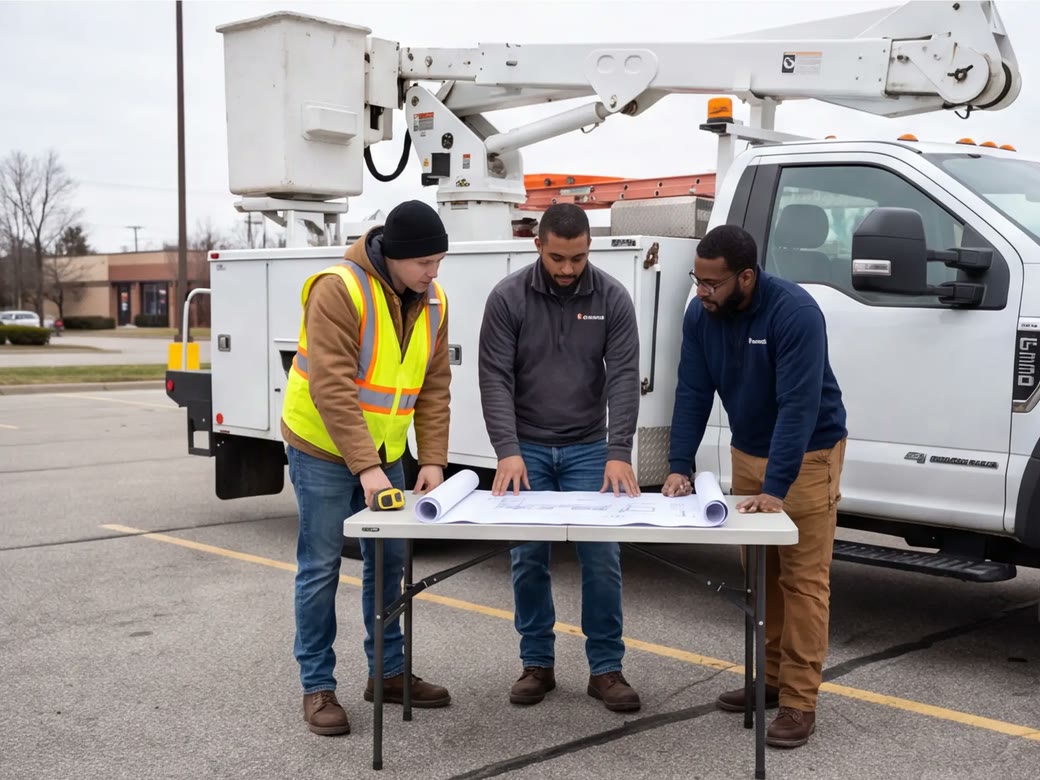 Sign company team reviewing an installation plan beside a service truck