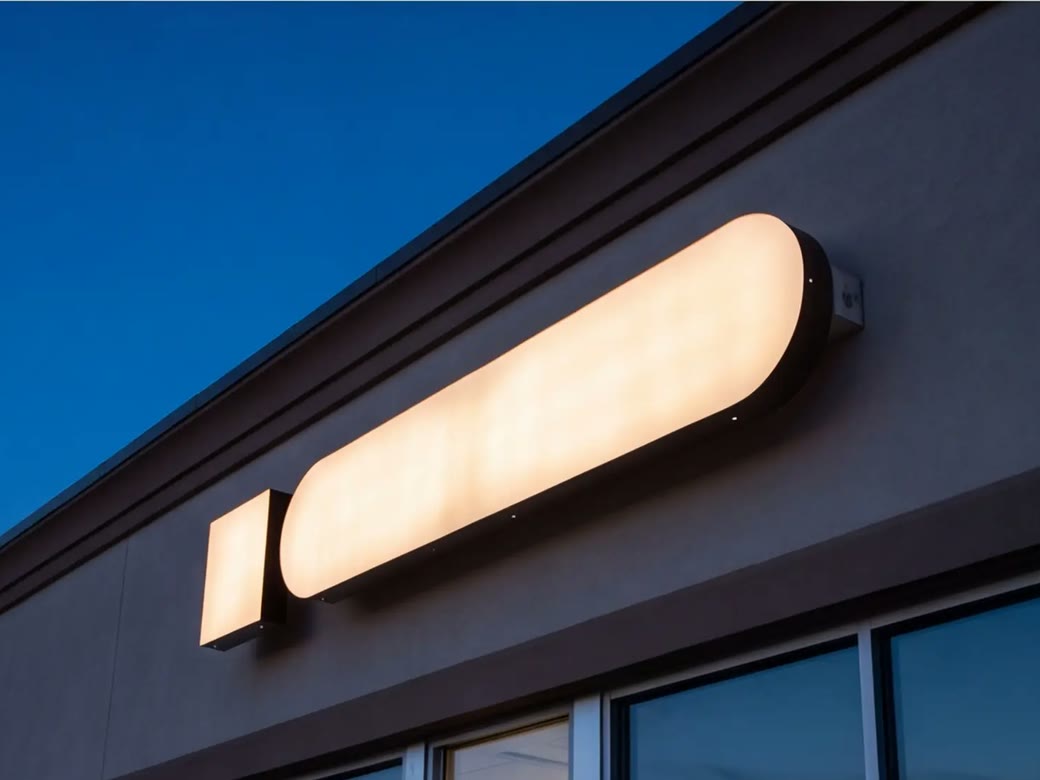Newly installed illuminated channel-letter sign on a commercial storefront at dusk