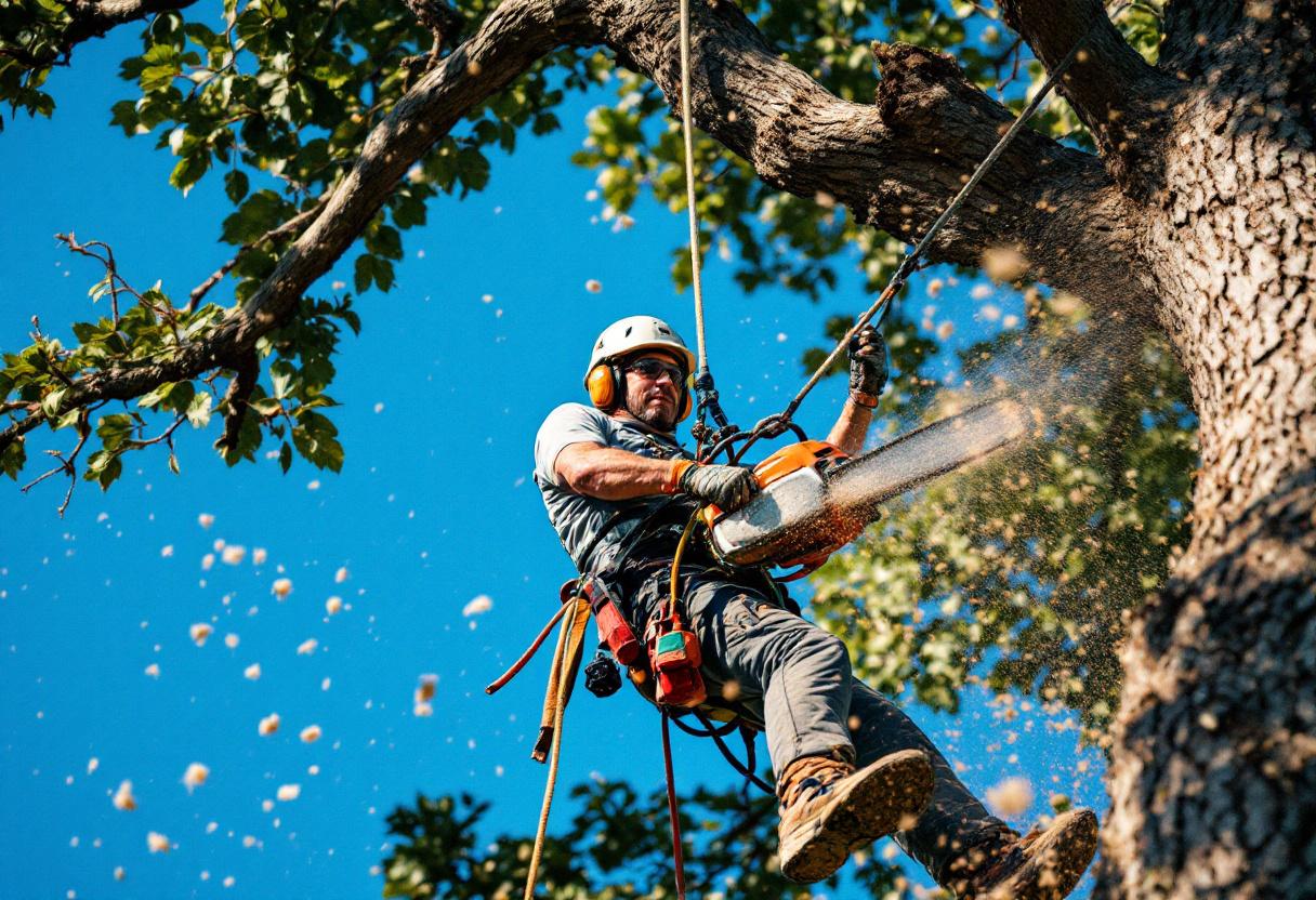 Climbing arborist running a chainsaw mid-removal in a large oak