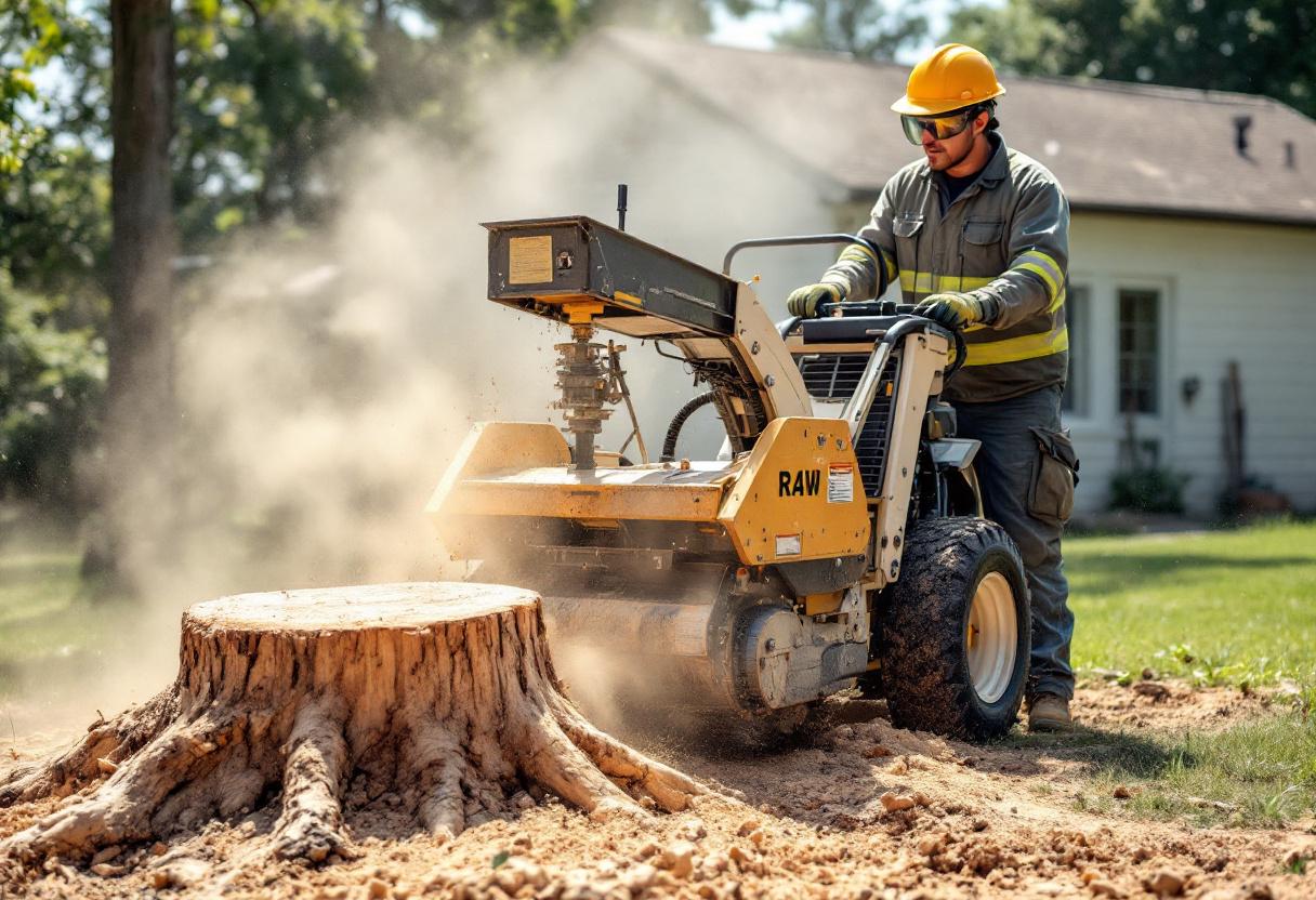 Stump grinder working a freshly cut stump