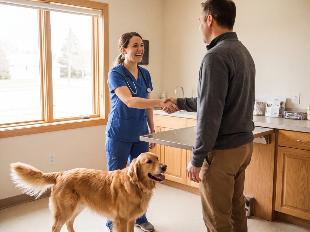 Veterinarian welcoming an adult pet owner and dog in a bright examination room