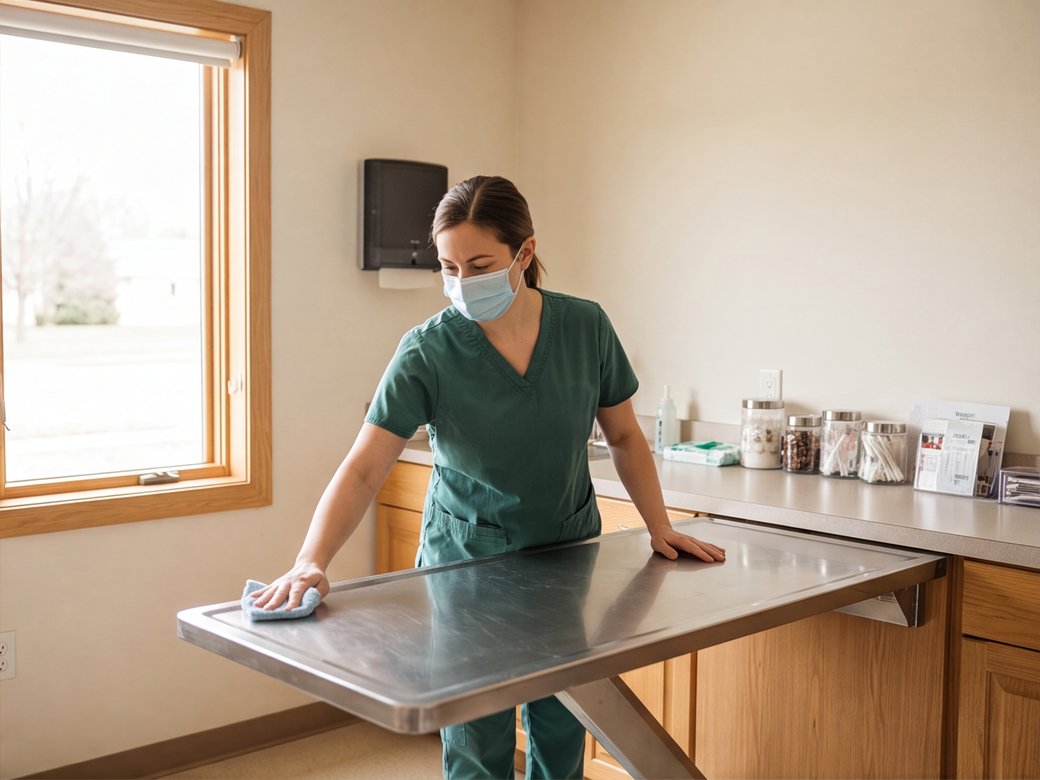 Veterinary technician preparing a clean examination room without visible client records