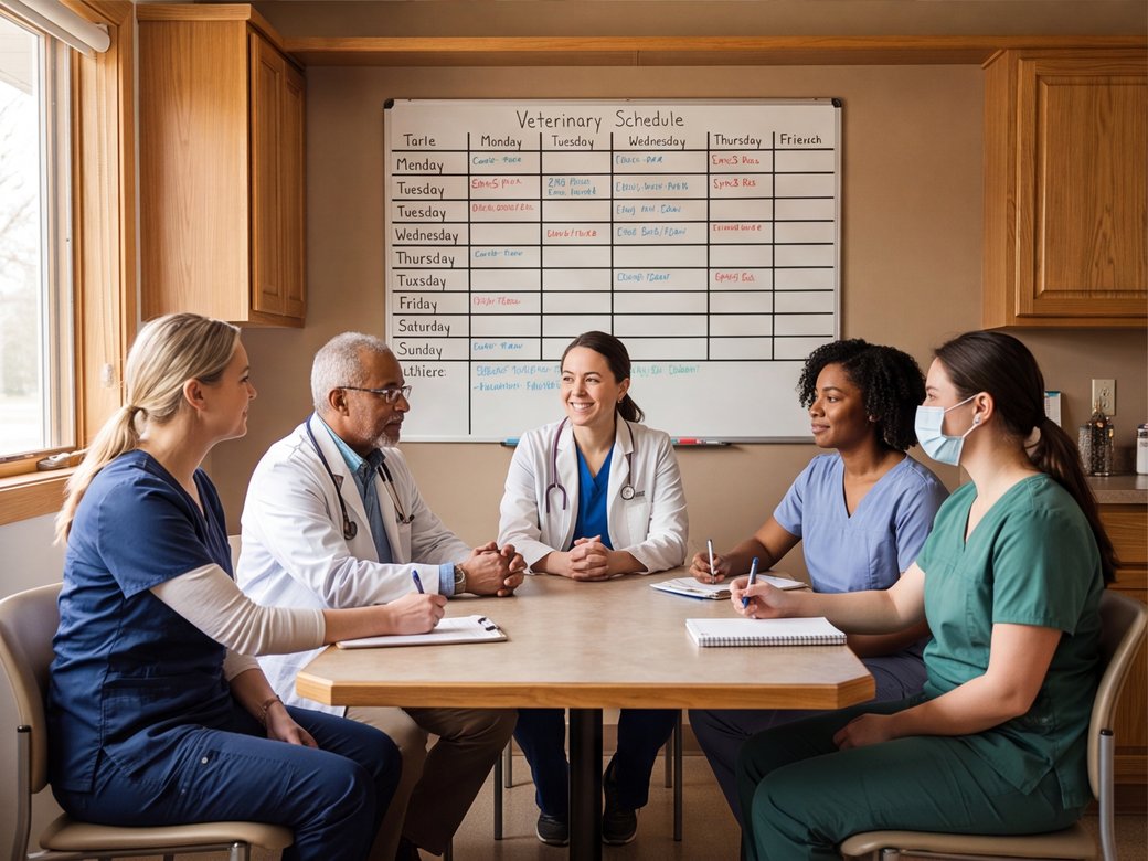Veterinary practice team reviewing the day's care schedule in a private staff area
