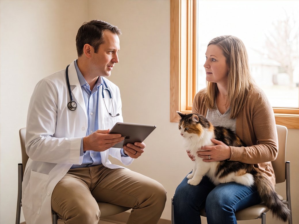 Veterinarian discussing routine wellness care with an adult cat owner in an examination room
